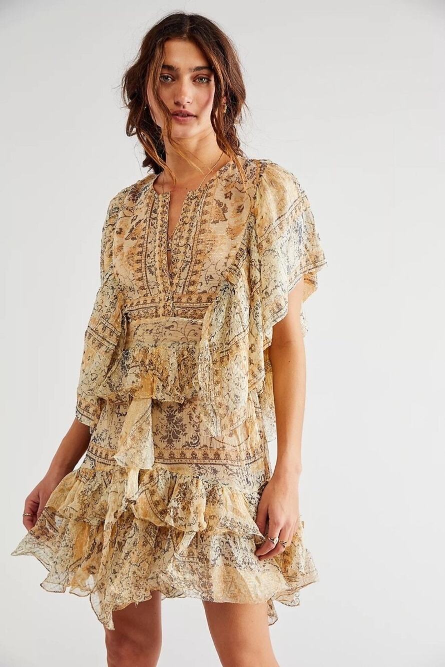 Anthropologie Mes Demoiselles Crook Ruffled Shimmer Mini Dress Sz 42 / US 8-10